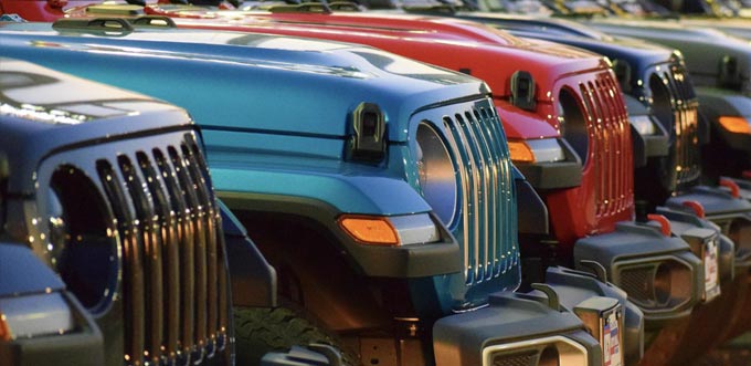 Row of colorful Jeeps